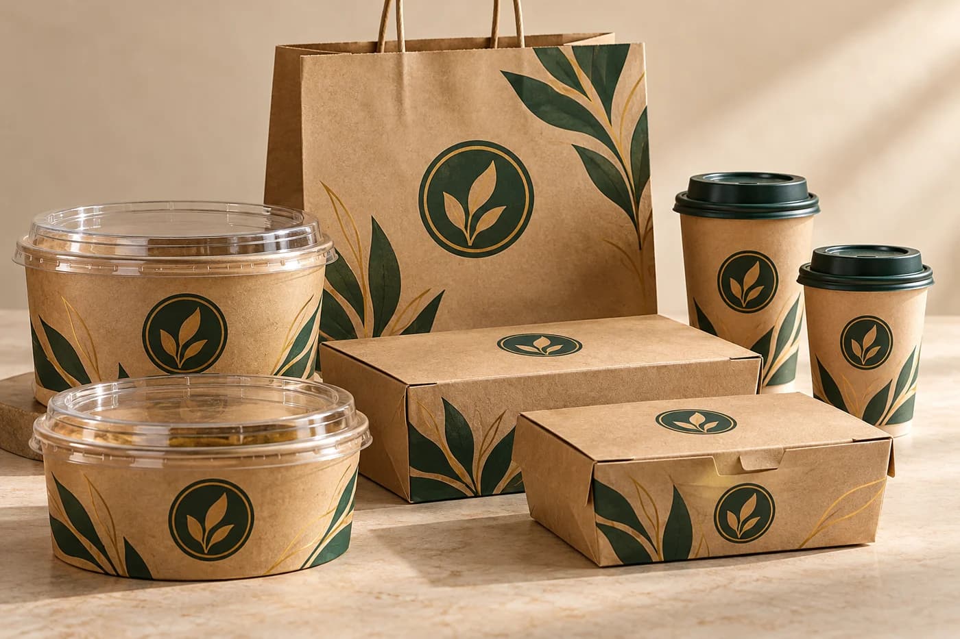 Illustration of coordinated restaurant branding on takeaway containers, cups and paper bags