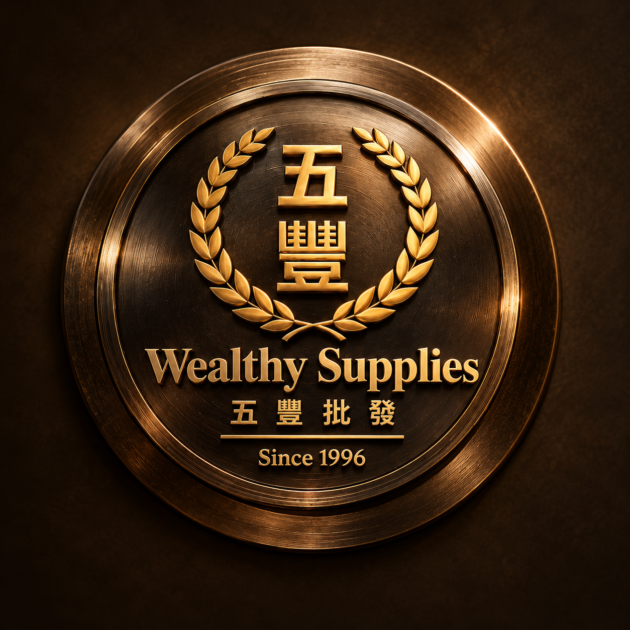 Wealthy Supplies gold company emblem on a bronze medallion